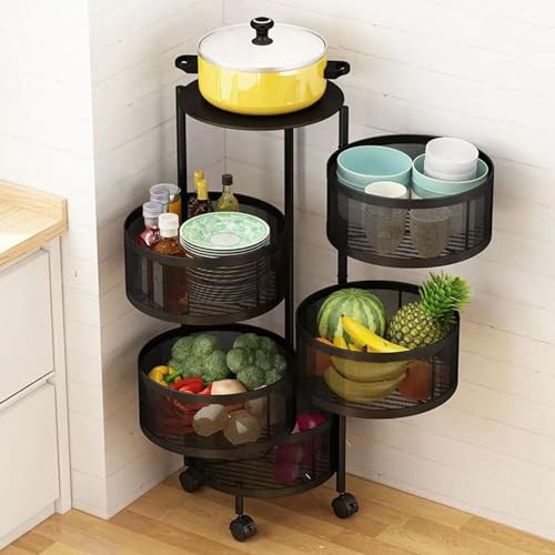HshDUti Étagère de rangement rotative pour cuisine, paniers de fruits et légumes pour cuisine avec couvercle supérieur en métal, panier rotatif circulaire à 5 niveaux avec roulettes, panier de