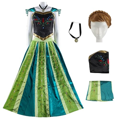 YEAJION Damen Anna Prinzessin Kleid mit Perücke Schneekönigin Verkleidung Prinzessin Anna Cosplay Kostüm Weihnachten Halloween Karneval Party Bühnenauftritt Kostüm für Erwachsene