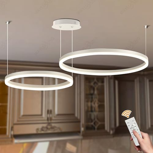 WayLuoung Metall LED Kronleuchter | 2 Kreise 40+60cm | 40W Rings Deckenhängelampe, Dimmbare Fernbedienung 3000–6000K, Acryl Schirm Pendelleuchte, Wohnzimmer Schlafzimmer Foyer Esszimmer【Weiß】