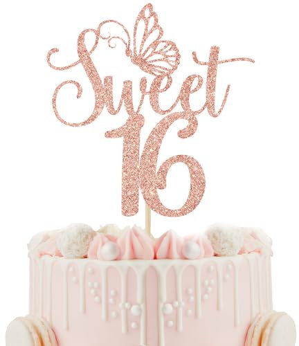 Calarjeta Sweet 16 Cake Topper, Rose Gold Glitter, 1 Piece, Premium Material, Birthday Party Decoration
