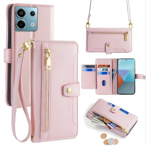 betterfon Handykette kompatibel mit Xiaomi Redmi Note 13 Pro 5G | Leder Handyhülle mit Kartenfächern | Handyhülle zum Umhängen | Rosa