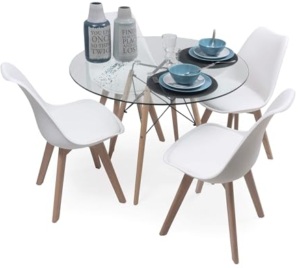 Homely - Conjunto de Comedor Tower 90 Day Cristal Mesa de Cristal Redonda de 90 cm y 4 sillas Day (Blanco)