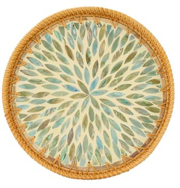 Rattan Serviertablett mit Perlmutte Inlage,Handgewebtes Dekoratives Serviertablett Groß,Boho Deko Tablett,Frühstückstablett, Esstisch dekoTtablett (Bunt, gerundet)