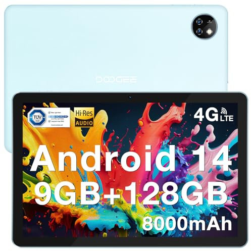 DOOGEE T10W Tablette avec Carte Sim, 8000mAh 4G LTE+5G WiFi, Tablette Tactile 10 Pouces, 9GB RAM+128GB ROM(1TB TF), Tablette Android 14/Face ID/5MP/GPS/OTG/BT5.0/3.5mm Jack, Bleu