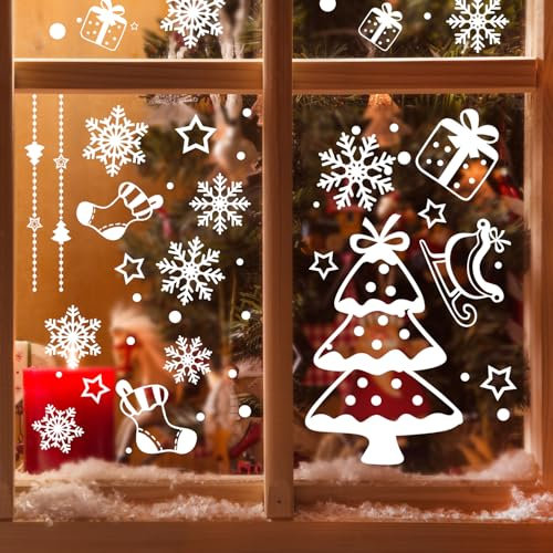 202PCS Weihnachten Fenstersticker, Fensterbilder, Doppelseitige Wiederverwendbare Statisch Haftende PVC Aufkleber, Selbstklebend Rentier Weihnachtsmann Aufkleber für Glasfenster Weihnachten Dekoration
