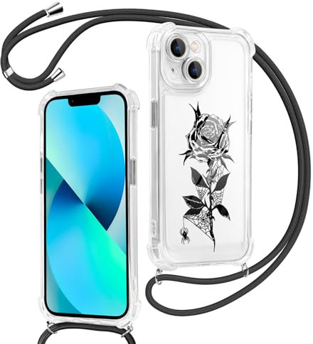 Kueqeay Cordon de Coque pour iPhone 13 6,1'', Aesthetic Fleur Motif Design Transparente PC Bumper Cover avec Laniere Accroché Autour Collier Réglable Housse Antichoc Protection Caméra Case, 06