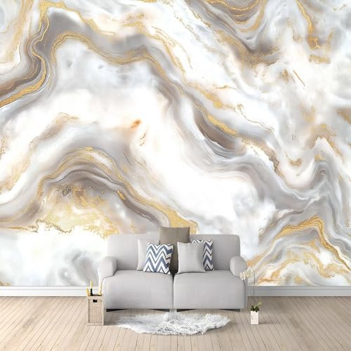 Papier Peint Muraux Tourbillon De Luxe Abstrait Décoration Murale pour Chambre Salon Meuble, Or Blanc 250 x 175 cm Papier Peint Imperméable Pour Salle De Bain Cuisine Bureau Salle Murs
