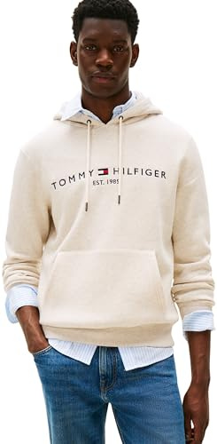 Tommy Hilfiger Sweat à Capuche Homme Tommy Logo avec Capuche, Beige (Heathered Oatmilk), L