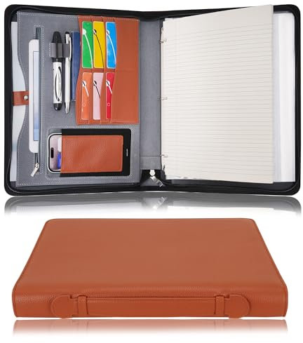 Wonderpool Porte-documents à fermeture éclair classeur à 3 anneaux A4 Padfolio étui à documents presse-papiers amovible, organisateur de bureau et d'école pour hommes et femmes (Marron)
