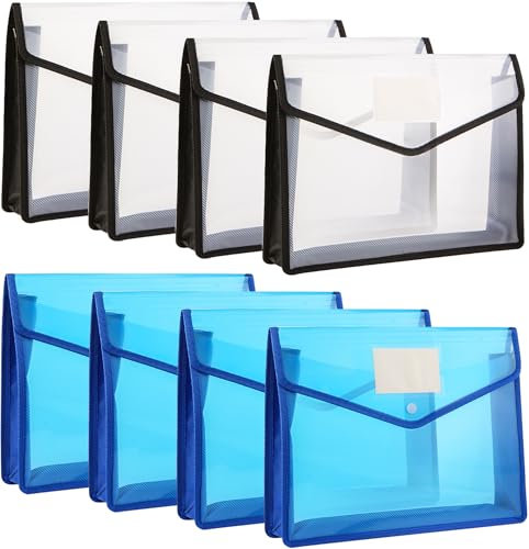 Porte Documents A4, Lot de 8 Pochette Plastique A4 Imperméable Enveloppe Transparente Chemise à Bouton Fichier Document Pochette Porte-Document pour Le Bureau, Maison, L'école, Noir+Bleu