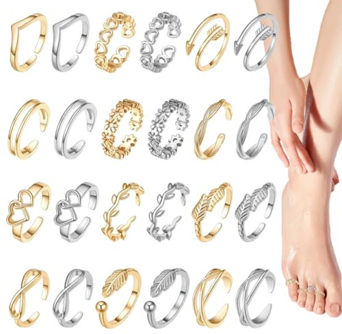 EORPAVU Zehenringe, 24 Stück Fußringe für Damen gefüllte Zehenringe verstellbares Fußzubehör Fußschmuck (Gold, Silber)
