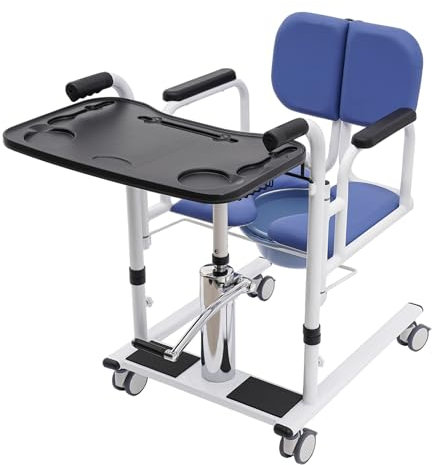 SICHENSH Silla elevadora hidráulica para pacientes, silla de transferencia hidráulica con ruedas, asiento dividido de 180°, silla de ruedas de transporte regulable en altura con tablero (azul)