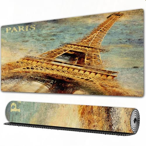 FEHWI 90×40 cm Verlängertes großes Mauspad Schreibtischauflage,Tour Eiffel, Tour Eiffel Illustration Grün,genähte Kanten Gaming mauspads,rutschfeste Gummibasis