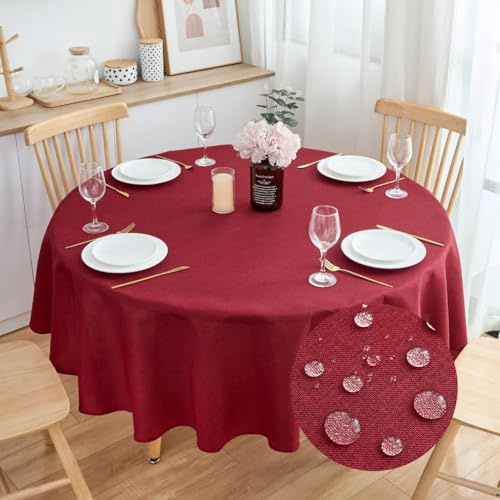 Runde Tischdecke in Leinenoptik 160 cm, Wasserabweisend, Weinrot | Schwerer Stoff, Maschinenwaschbar, Rustikale Leinenoptik, Wasserabweisendes Finish, 100% Polyester, Essen und Feiern
