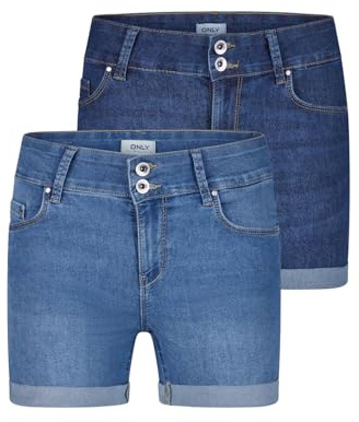 ONLY Jeans Shorts Damen Stretch Kurz Skinny Fit Mid Waist ONLCARMEN | 2er Pack Kurze Hose Sommer Basic Denim Blau Schwarz S M L XL XXL