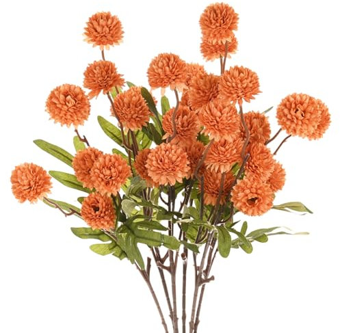 M METERXITY 6Pcs Flores Artificiales De Bola De Crisantemo, 20 Pulgadas 5 Cabezas Ramo De Seda De Crisantemo Falso Flores Falsas De Toque Real para Hogar/Boda/Navidad/Fiesta[Naranja]