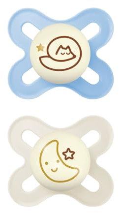 MAM Original Start Night Succhietto 0-2 Mesi (Set da 2), Ciuccio MAM 0-2 mesi che si illumina al buio con tettarella in silicone, Kit da 2 accessori neonato con porta ciuccio sterilizzatore, Azzurro