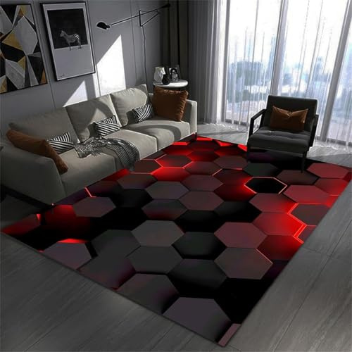 RUILBJM Schlafzimmer Gaming Teppich, 3D Vision Geometrisches Neon Muster, rutschfest Weiche Flanell Matte, Wohnzimmer Teppich, für Teenager Computer Spiel Zimmer, Coole Deko (Rot,120x160 cm)