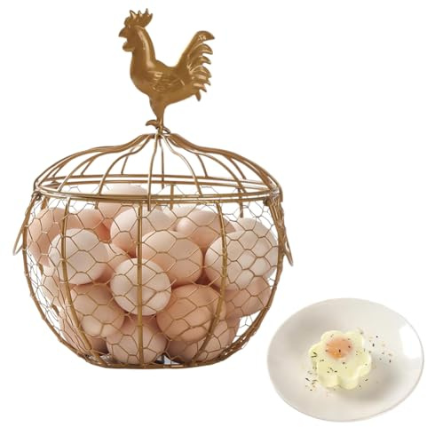 Rersduyt Egg Holder for Countertop Metal Chicken Egg Collecting Basket with Handle Farmhouse Storage Rack(Gold)