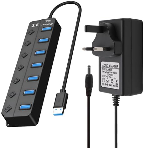 USB 3.0 Hub Powered 7-Port Splitter SuperSpeed Multi USB Hub | 5V3A Power Supply Adapter Individual On/Off Switch and Lights Extension High-Speed Data for Apple Air MacBook Pro Mac Windows