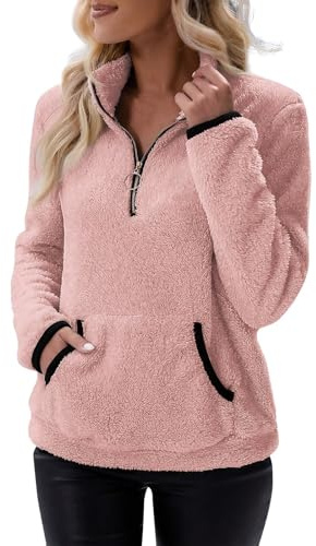 Fleecepullover Damen Half Zip Pullover Stehkragen Kuschelpullover Flauschig Teddy Sweatshirt Warm Fleece Gefüttert Pulli mit Reißverschluss Teddyfleece Winterpullover Plüsch Winterpulli Frauen