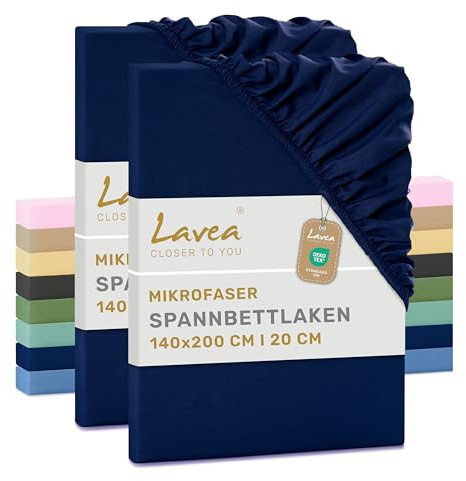 Lavea® 2er Set Spannbettlaken 140x200 cm - Navyblau | Mikrofaser, Bettlaken mit Rundumgummi, für Matratzen bis 20 cm, atmungsaktiv und kühlend, pflegeleicht, Spannbetttücher