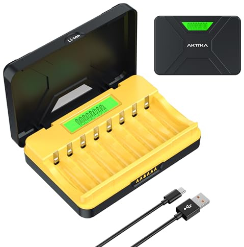 AKTTKA Chargeur Lithium 1.5V à 8 Logements avec Écran LCD, Surveillance Indépendante, Entrée USB-C 5V/2A, Compatible AA/AAA Li-ION, Charge Rapide et Protection Multiples