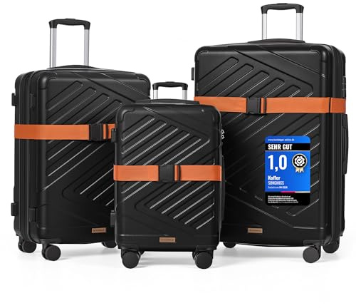 SONGMICS Hartschalen-Koffer Trolley Rollkoffer Reisekoffer Handgepäck 4 Rollen (M-L-XL-Set) (Schwarz, Set)