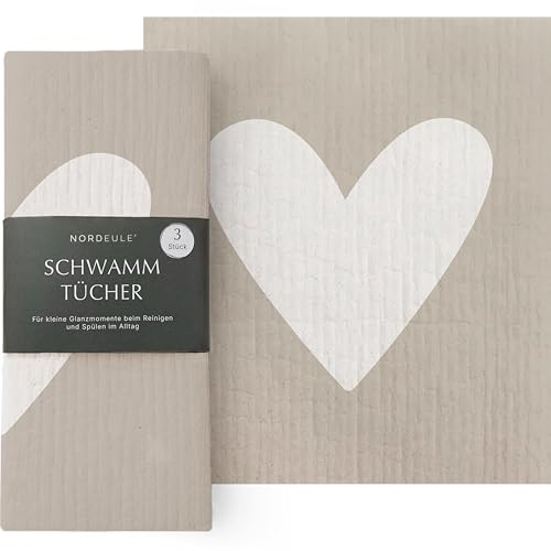 NORDEULE® Schwammtücher Skandi Design 3 STÜCK | Reinigungstücher im nordischen Design | für Glanzmomente im Alltag oder als Geschenk zu Ostern Weihnachten Wichteln Mitbringsel (Herz)