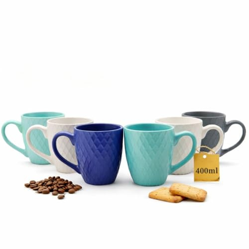 BigDean 6 Kaffeebecher 400 ml farbige Kaffeetassen Steingut Waffeldesign | Stilvolles Tassen Set für Kaffee, Cappuccino, Latte Macchiato, Tee und Kakao