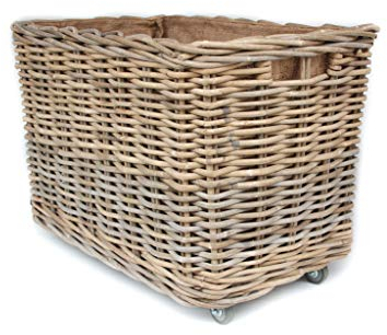 Großer Holzkorb auf Rollen, Mehrzweckkorb aus Rattan mit herausnehmbarem Jutestoff