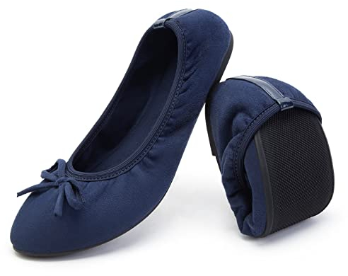 Greatonu Women's Ballet Pumps Comfort Foldable Portable Travel Slip on Slipper Bow Tie Flats Shoes Navy 5.5 UK