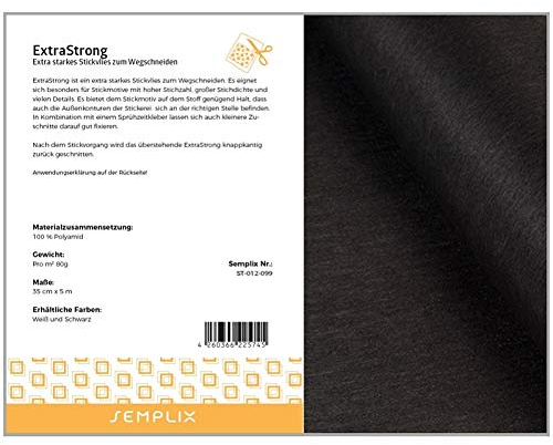 SEMPLIX ExtraStrong – extra Starkes Stickvlies zum Wegschneiden besonders für Stickmotive mit hoher Stichzahl/großer Stichdichte (schwarz, 35 cm x 5 m)
