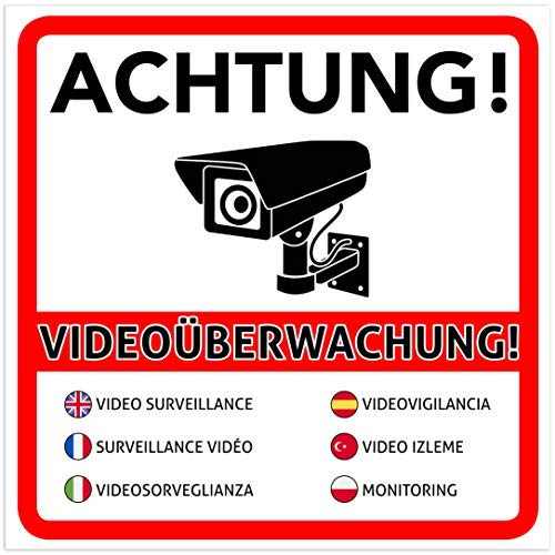 2 Stück Achtung Videoüberwachung Premium Aufkleber – Schild – Sticker |Hinweisschild – Warnschild für mit Kamera videoüberwachtes Objekt – Haus – Gelände | kratz- wetterfest 10 x 10 cm