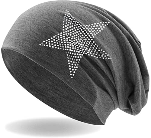 Hatstar Strass Stern Damen Beanie Mütze | elastisches Slouch Long Beanie | Mädchen Mütze | mit edler Strass Applikation | leicht und weich (dunkelgrau)
