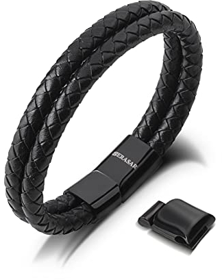 SERASAR Armband Jungen Schwarz 17cm Männer Leder Armreif Herrenarmreif Armschmuck Schmuck Herrenschmuck Armkette Flecht Wickelarmband Armbändchen Men Leather Bracelet