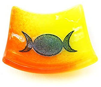 Triple Moon Goddess bowl, orange yellow fused glass, symbol, earring dish, tealight, trinket, gift, wicca, magic