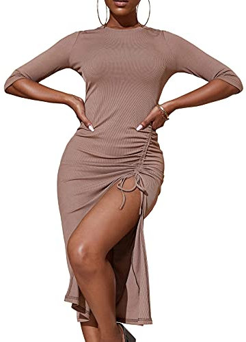 clear wind Damen Halbarm Schlitz gerüscht Midi figurbetontes Partykleid, dunkelrosa, L