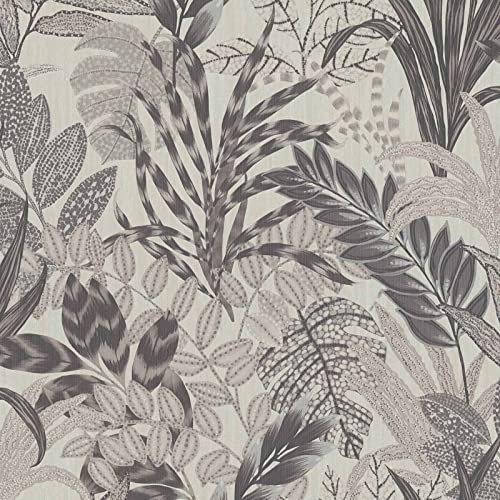 Palmenblätter Tapete hellgrau | Tropical Vliestapete modern ideal für Schlafzimmer und Wohnzimmer | Vlies Palmentapete mit Vinyl abwaschbar | 10,05 x 0,53 m
