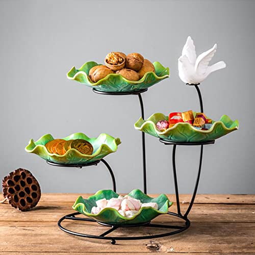 JUNYFFF Obst Etagere Keramik 4 Stöckig Porzellan Obstteller 4 Etagen Obstschale, Mit Obstständer Aus Metall X1- Obstkorb Aus Keramik X4, Fruchtkuchen Stehen, Für Obst, Kuchen