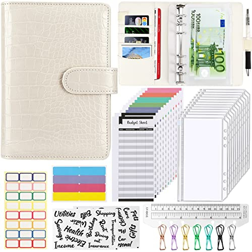 A6 Budget Binder Budget Planner, 37Pcs 6 Löcher Ringbuch Notizbuch mit Binderumschlägen, Budgetblätter, Etikettenaufklebern, Herrscher, Geld Aufbewahrung Sparbuch für Reisen und Tagebuch(Weiß)