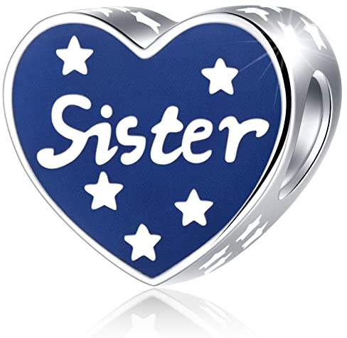 Blaue Emaille Schwester Stern Herz Charms, fit Pandora Familie Armband, 925 Sterling Silber Ich liebe meine Schwester im Gesetz Perlen, Weihnachtsgeschenke für Lil große Schwester/Nichte/Cousin