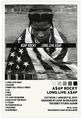 ORROBI ASAP Rocky Long Live Asap Tracklist Album Cover Poster Leinwand Poster Wandkunst Dekor Druck Bild Gemälde für Wohnzimmer Schlafzimmer Dekoration Rahmen Stil 40 x 60 cm