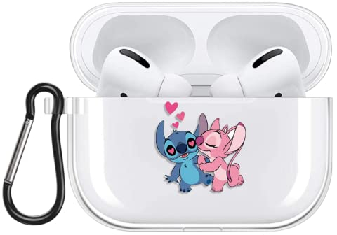 Schön Anime Karikatur Hülle für AirPods Pro 2019 Hülle, Transparent Weiche Silikon Schutzhülle mit Süßes Stitch Muster Stoßfest TPU Case Kompatibel mit AirPods Pro 2nd Generation, 04