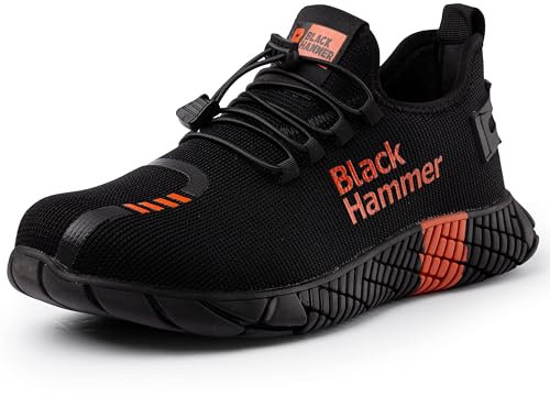 Black Hammer Men's 2000 Safety Trainers Steel Toe Cap Work Shoes, Lightweight, Oil and Slip Resistant, Anti-Static Heels, S1P SRC, ISO 20345:2011 Certified, Black, Six Month Sole Warranty (8 UK)