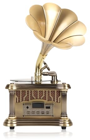 Mini Gramófono Retro, Tocadiscos de Gramófono con Sonido Estéreo de Alta Fidelidad, Mini Tocadiscos de Vinilo, Módulo Bluetooth 4.2, Radio de una Tecla, para Decoración del Hogar