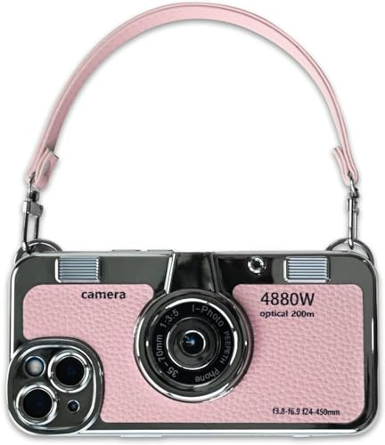 Mscomft Classic Emily in Paris Phone Case,2023 New Vintage Camera Design Case That Looks Like a Camera,for iPhone 14 Camera Phone Leather Bracelet Sling Cover case (Pink, for iPhone 15 pro)
