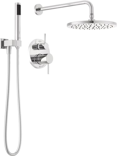 Delta Modern 14 Series Round Rain Shower System Faucet Set, Rainfall Chrome Shower Head and Handle Set, Valve Trim Kit, 10 Inch, Chrome 342702