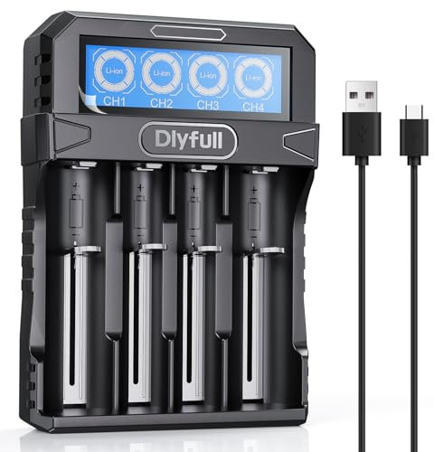 18650 Battery Charger Dlyfull Rechargeable Battery Charger for 3.7V Li-ion LCD Display with Type-C 5V/2A Fast Charging 26650 10440 16340(RCR123) 17335 17500 21700 22650 10340 Lithium Batteries