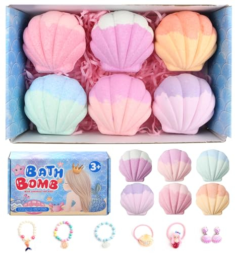 Litinliv 6 Piezas Bombas de baño para niñas con Sorpresa Sirena Joyería, Naturales bombas de baño Regalo para niños, Aromas de Frutas Bolas de Baño Espuma Relajantes, Cumpleaños Regalo para niñas